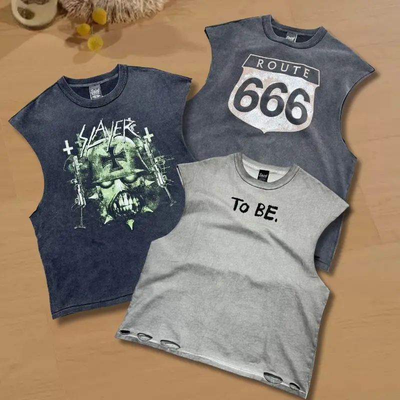 

Summer Retro Street Washed Hole Saint Tank Tops BE WHO YOU WANT TO BE Distress Dirty Round Neck Sleeveless Tshirt Men Women Vest