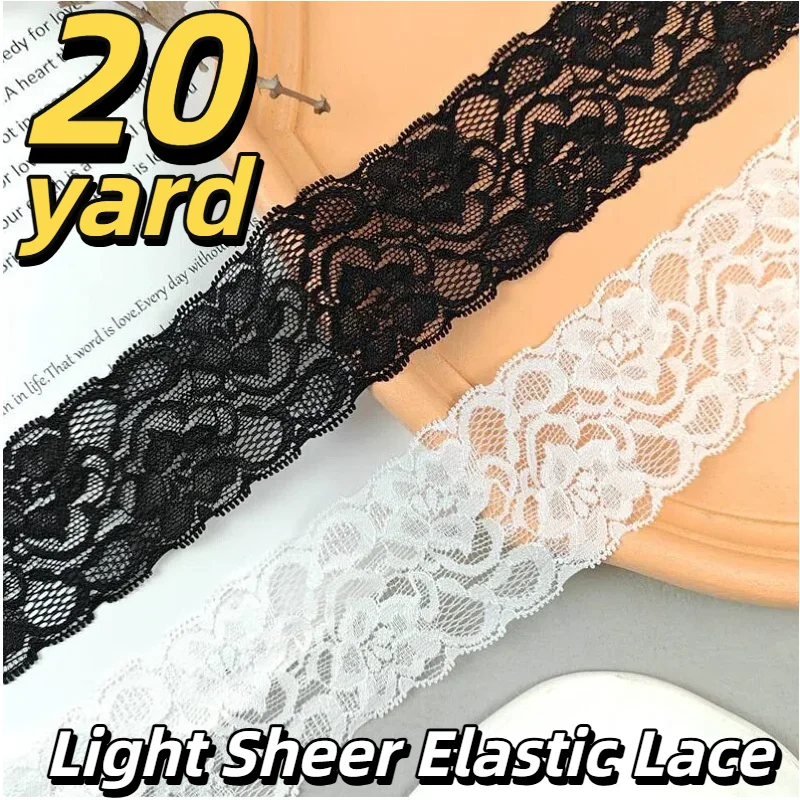 15 Yardas de Encaje Elástico Negro/Blanco - Encaje Delgado y Elástico de 2.48 Pulgadas de Ancho para Vestidos, Lencería, Escote, Ribete de Mangas