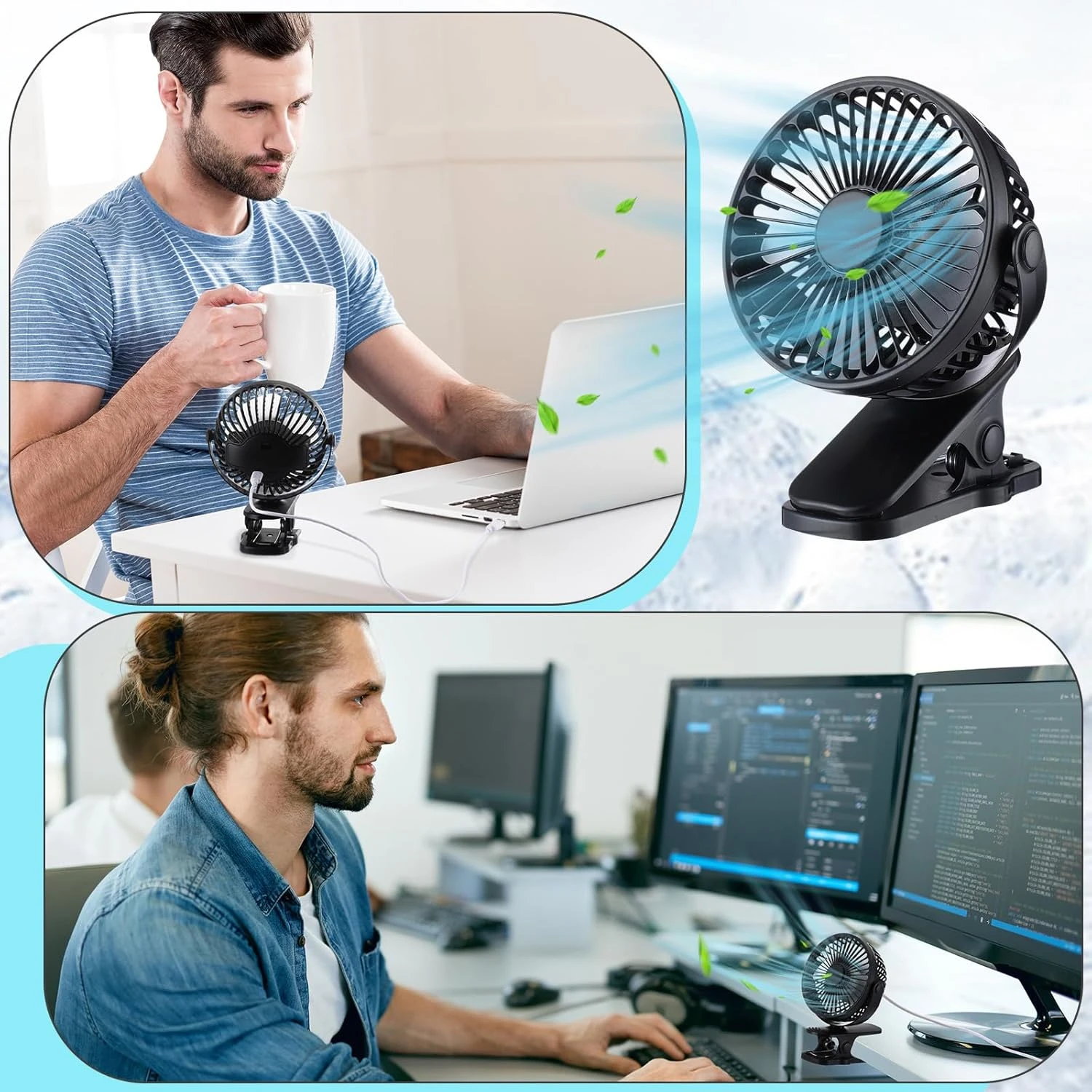 2 Pcs Small Clip on Fan Portable Desk Fan Battery Operated Mini Table Fan USB Rechargeable  Modes    Personal Clooing Fan for Ou