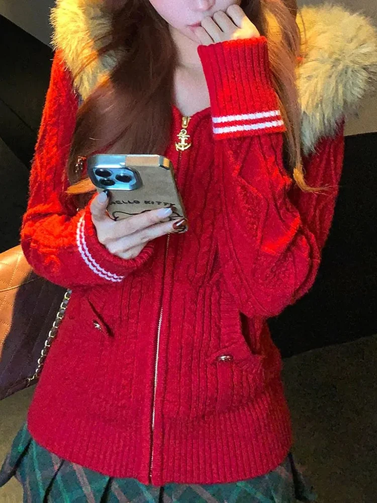 

Красный облегающий длинный вязаный кардиган с капюшоном, женский осенне-зимний свитер из полиэфирного волокна Fashion Lazy Sle с открытой передней частью