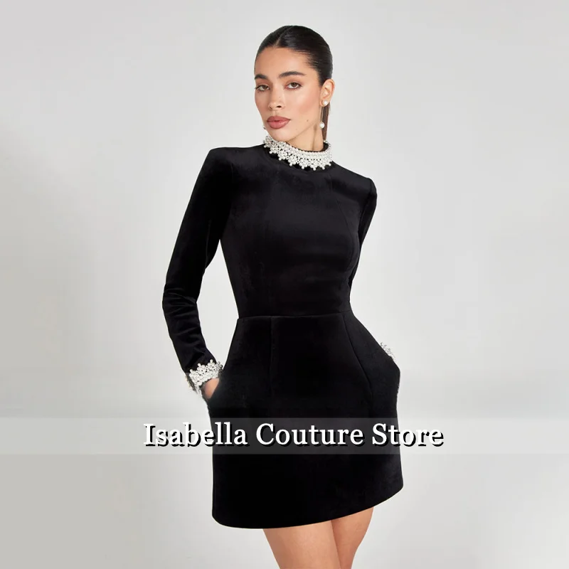 

Бархатные коктейльные платья для женщин, жемчуг, высокий воротник, длинные рукава, черные коктейльные платья, мини-карманы, колонна, свадебное платье
