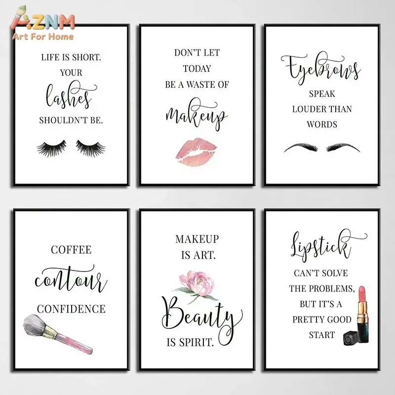 AZNM Makeup Beauty Quote Canvas Wall Art, Eyelash Lipstick Cosmetic Watercolor Poster Print, Frameless Canvas Painting for Makeu