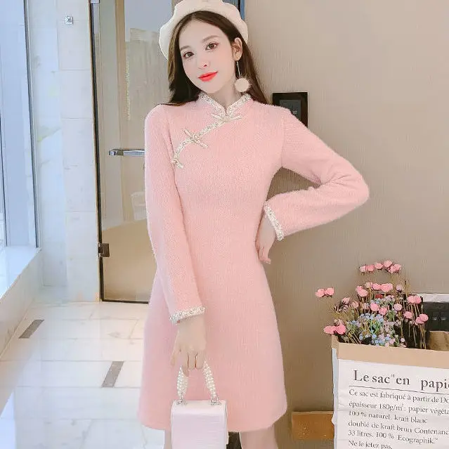 

2023 Ципао женское, Норковое, розовый стиль, фэн-шуй, юбка