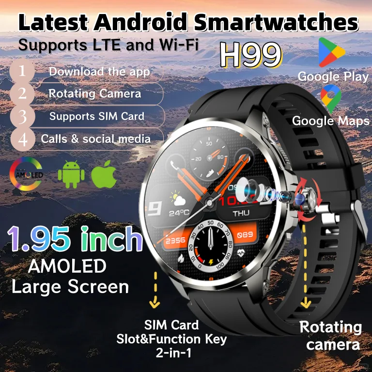 Smart Watch H99 4G/5G SIM Card 1.95''AMOLED Large Screen Google Play Download APP 190° Pull Out Camera GPS WIFI Men Smartwatch
