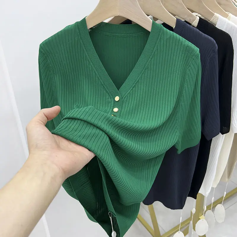 New Summer Women's Solid Stripe Loose V-neck Ice Silk Short Sleeved T-shirt Button Simple Versatile Thin Knitted Tops A516