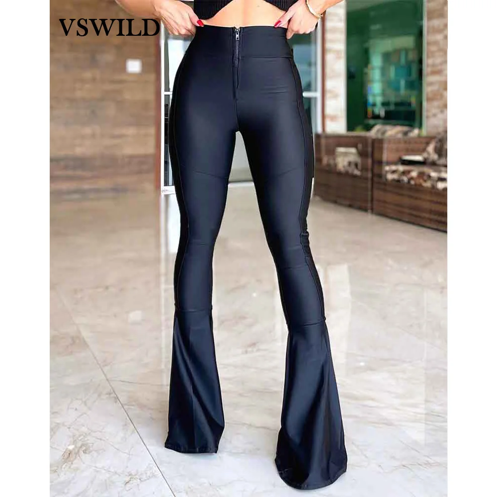 Women's Sexy Slim Pants High Waist Zippered Flared Leggings Wide Leg Pants Workout Legging For Women Casual Slimming Trousers