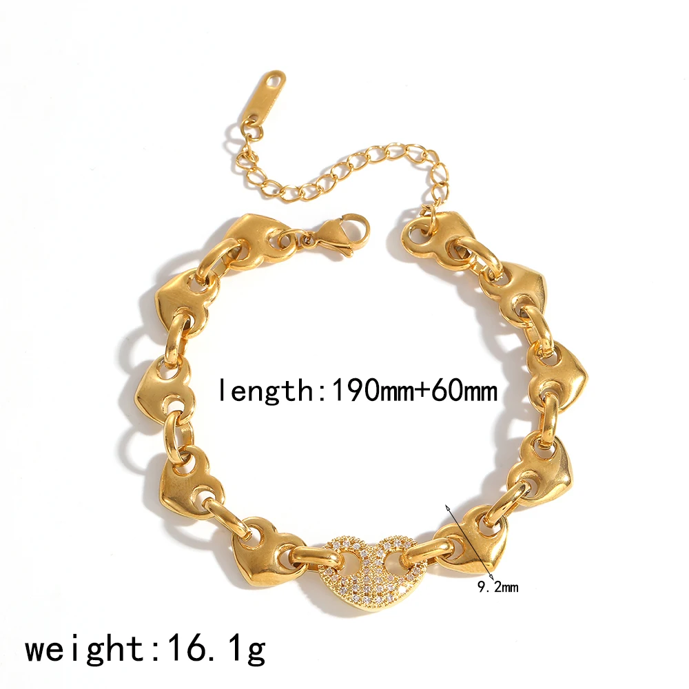 Modisches Edelstahl-Armband- und Halsketten-Set in Goldfarbe mit Mikro-Strass-Herzanhänger, Schmuckgeschenk – Detail 5
