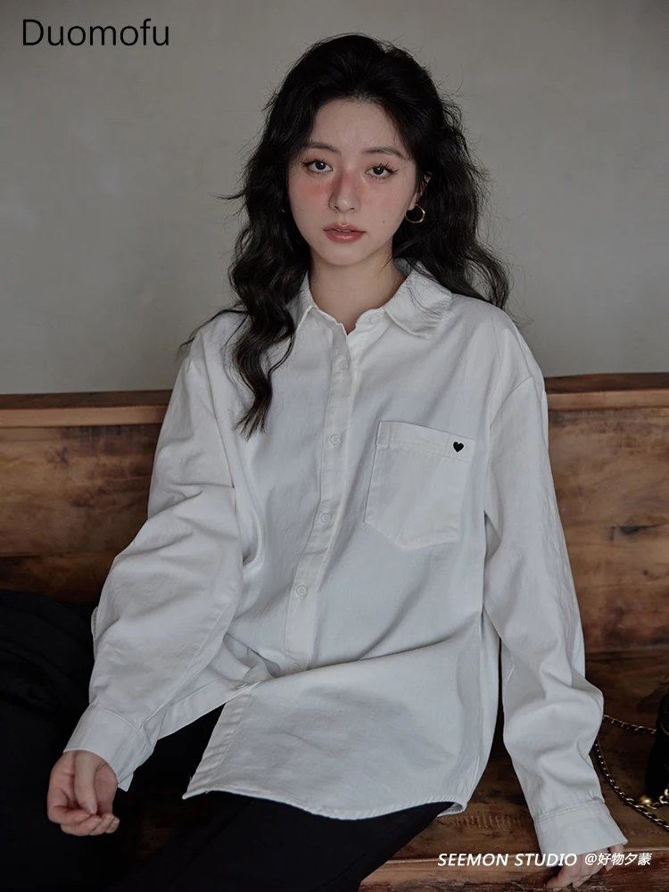 Duomofu White Basic Long Sleeves Casual Loose Female Shirt Summer Simple Pockets Single Breasted Fashion Solid Color Women Shirt