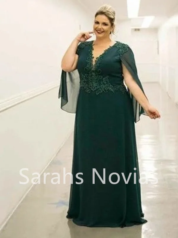 Plus Size Green Chiffon Long Mother of the Bride Dresses V Neck Beaded Lace  Women Formal Evening Party Gowns For Wed