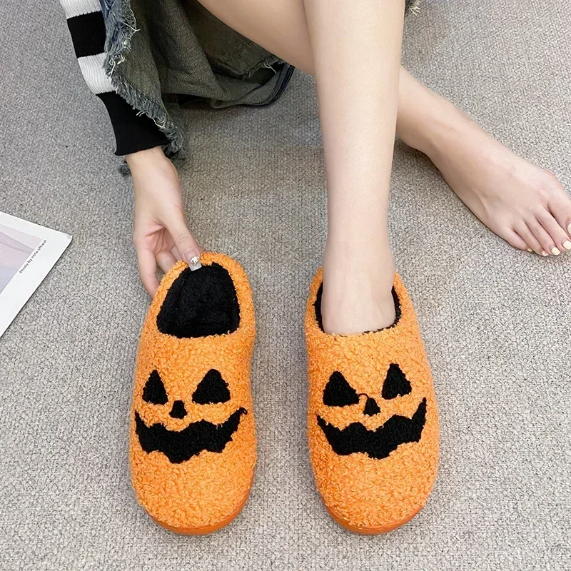 Smile Pumpkin Halloween Women's Slippers Winter Indoor Cartoon Comfort Home Bedroom Soft Causal Flat Plush Shoes for