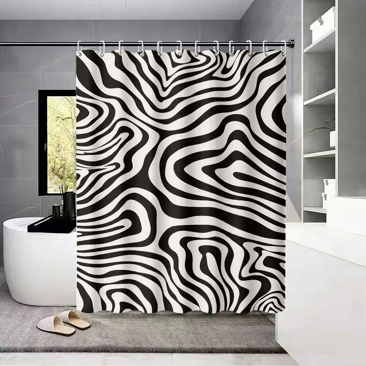 

1 шт. черно-белая занавеска для душа с абстрактной геометрией, с 12 крючками, моющаяся машина, для перегородки душа и защиты конфиденциальности