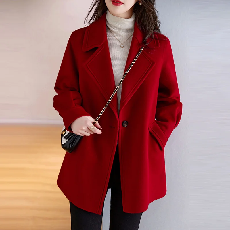 

Winter Women Retro Style Versatile Red Turn-Down Collar Coat Jackets Lady Korean Version Comfortable Thermal Woolen Coats