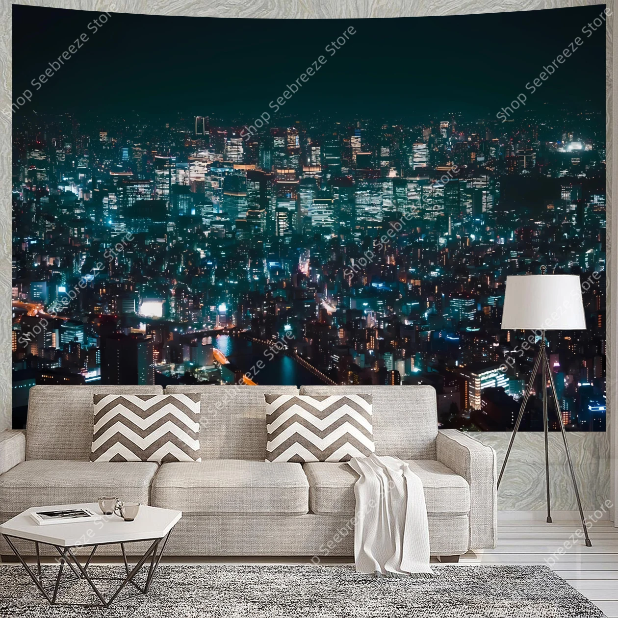 Vibrant Night Cityscape Tapestry Wall Hanging Office Decor for Bedroom Living Room Urban Skyline River Bridge Bohemian Aesthetic