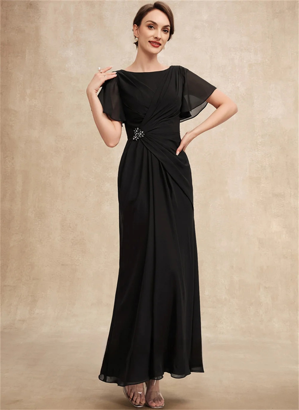 

A-Line Scoop-Neck Ankle-Length Chiffon Applique Ladies Formal Prom Evening Mother Of The Bride Dress Short Sleeve Ruffle Beading