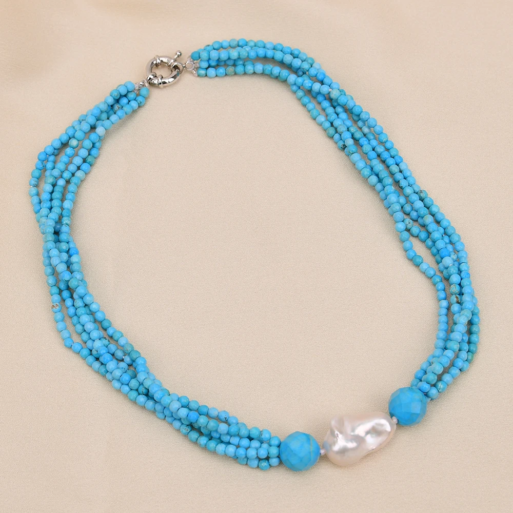 

5 Rows White Baroque Pearl Pendant Natural Blue Turquoise Necklace Jewelry Gifts