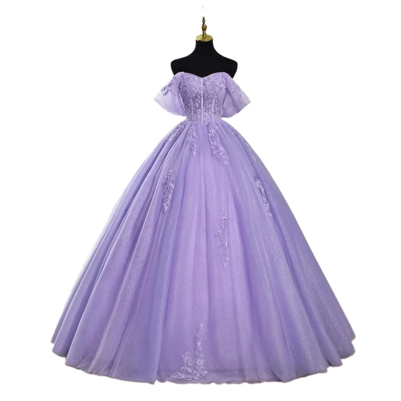 2026 New Women's Sexy Off-Shoulder Embroidered Purple Evening Gown Fashion Slimming Floor-Length Tie-Up Princess Dress