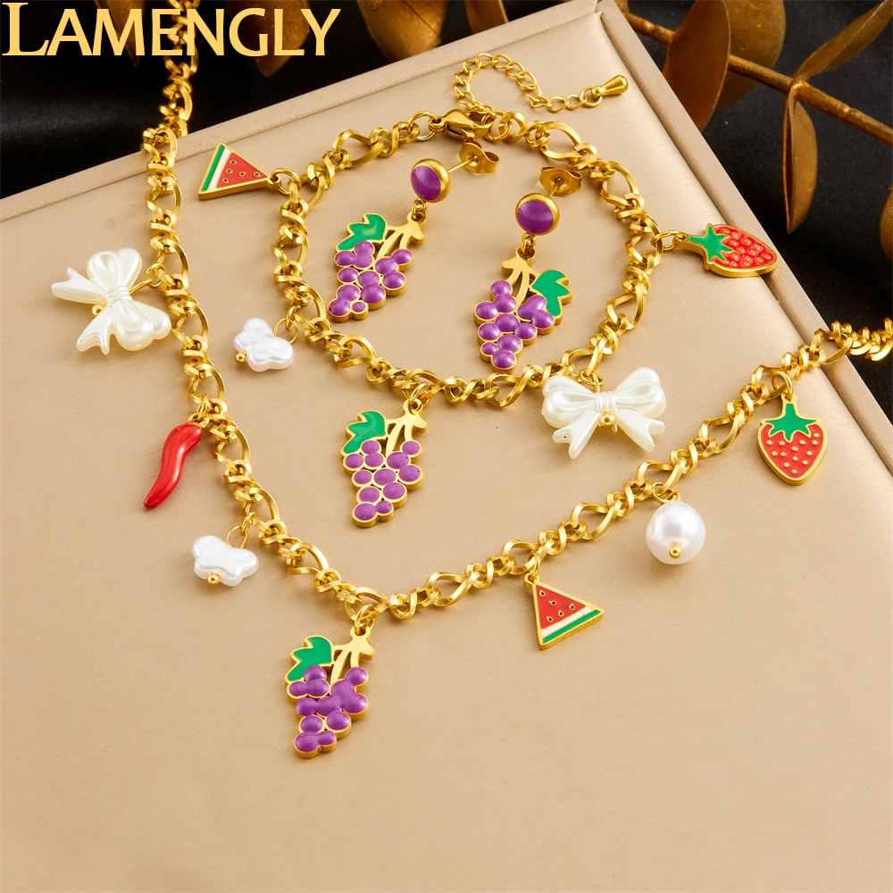 LAMENGLY 316L Stainless Novel Strawberry Watermelon Grape Pendant Necklace Earring Bracelet Women Summer Fruit Jewelry Set Gifts