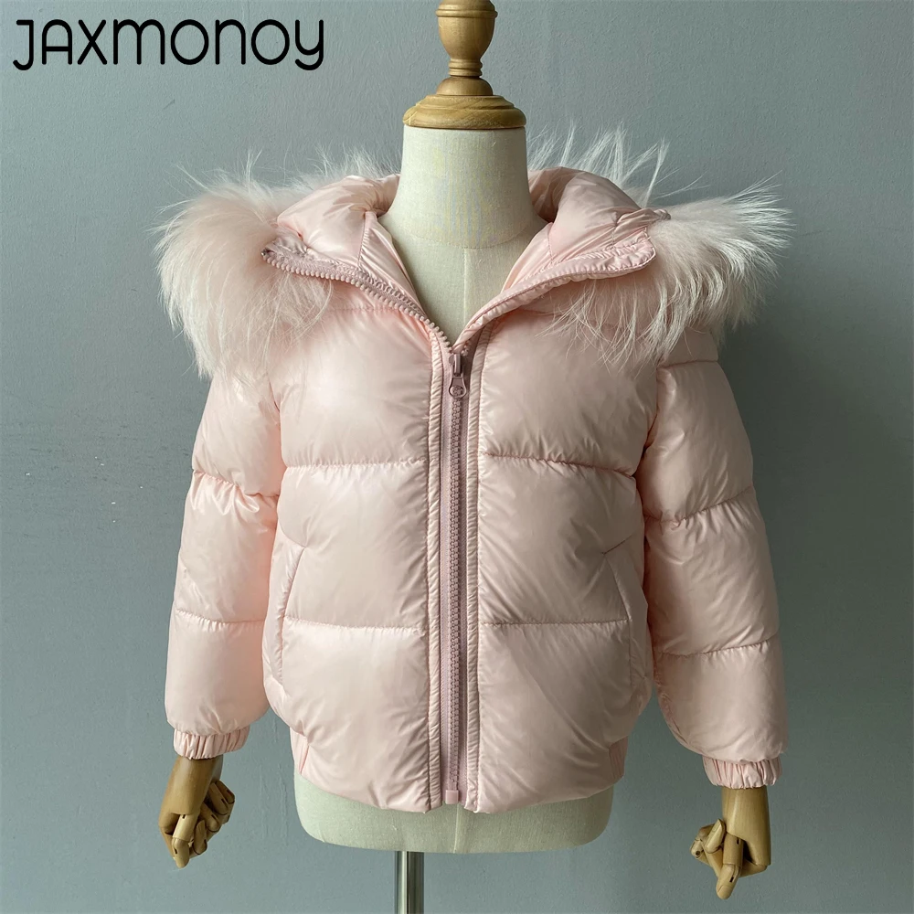 Jaxmonoy Baby Down Jacket Winter Solid Color Hooded White Duck Down Boy Girl Real Fur Collar Coat Children's Outdoor Clothes New