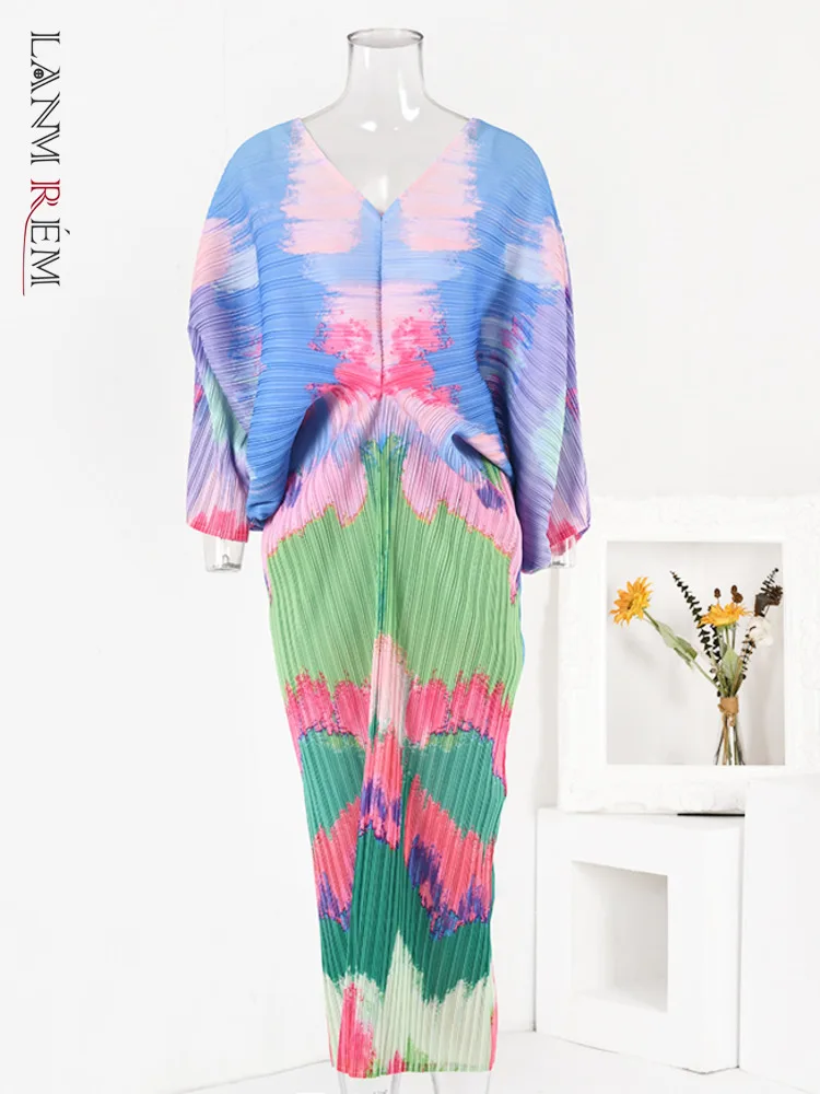 

LANMREM Colorful Print Pleated Dress Women V Neck Batwing Sleeves Slim Contrast Color Dresses Party 2024 Spring New 2Qa1179