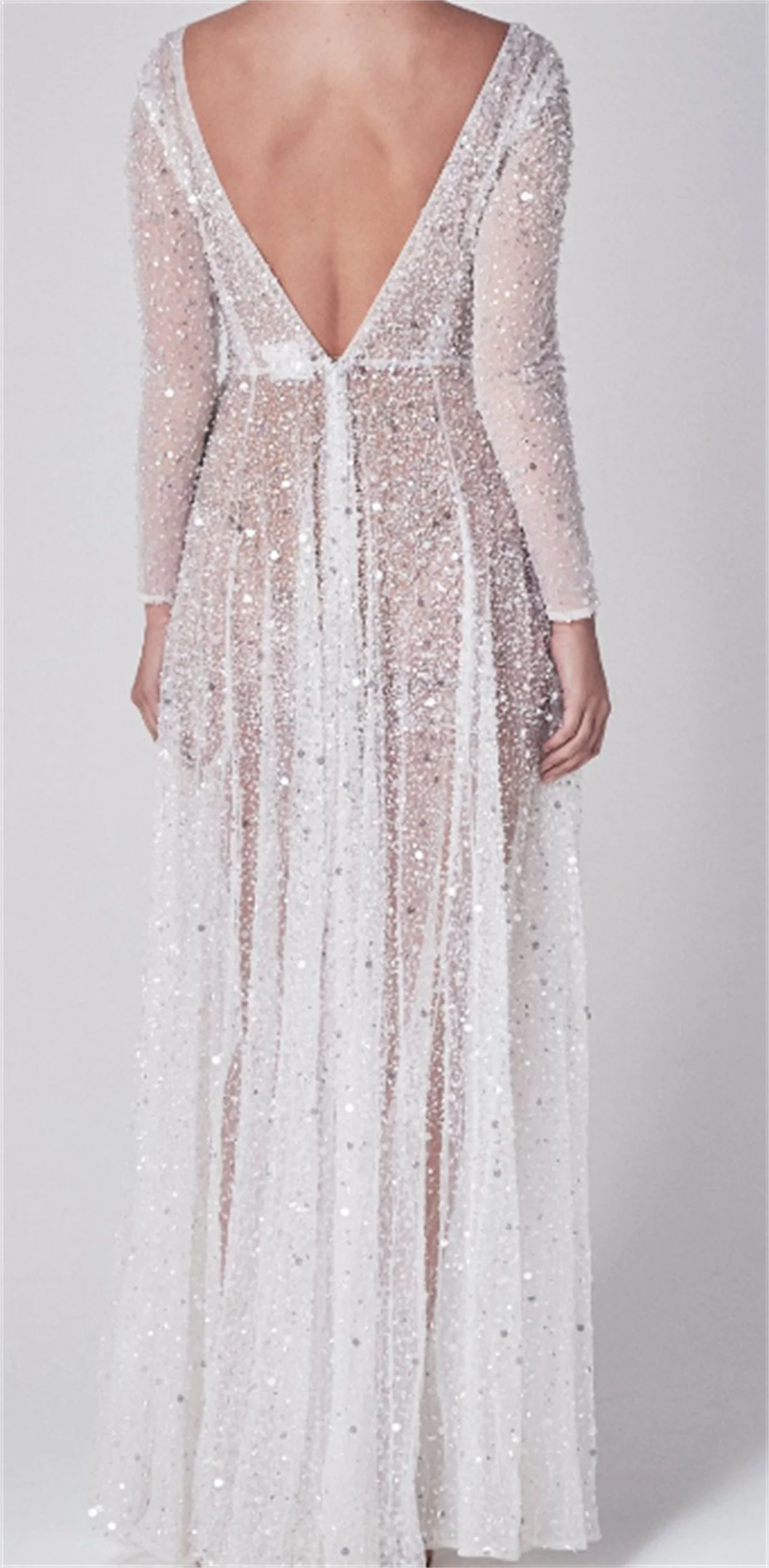 Sexy Illusion Boho Wedding Dress A-Line V-Neck Sleeves Wedding Dresses Backless Beach Bridal Gowns Sequined Beading Beach 2023