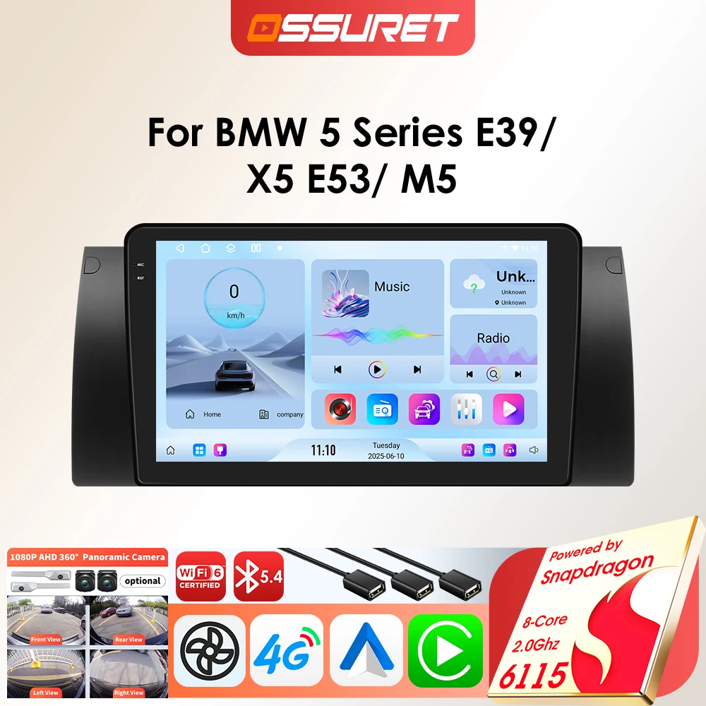 6115 OSSURET Android Auto Radio Lettore video multimediale per BMW 5 E39 1995 - 2003 E53 X5 M5 GPS per auto Carplay 2 Din Schermo autoradio