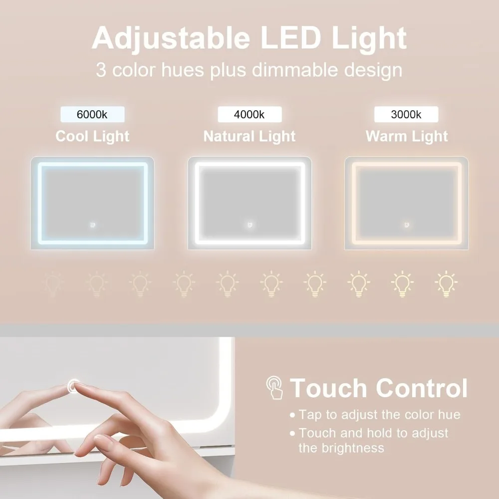 مكتب زينة مع مرآة منزلقة ومنافذ طاقة - إضاءة LED قابلة للتعتيم، 4 أرفف مفتوحة، درجين، خزانة تخزين واحدة وشارع مبطن