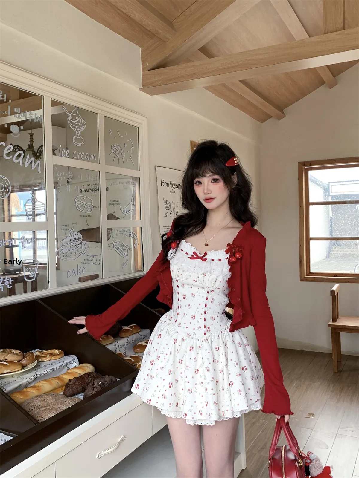 

Summer Floral Print Dress Set Women's Sweet Girl Style Two-Piece Outfit with Cardigan Sleeveless High Waist A-Line Skirt