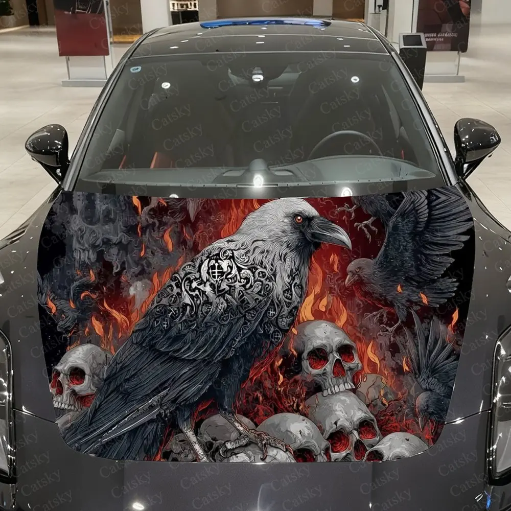 

Виниловая пленка Raven с ворсом черепа, водонепроницаемая наклейка на капот автомобиля из ПВХ, самоклеящиеся устойчивые к царапинам наклейки для крышки двигателя