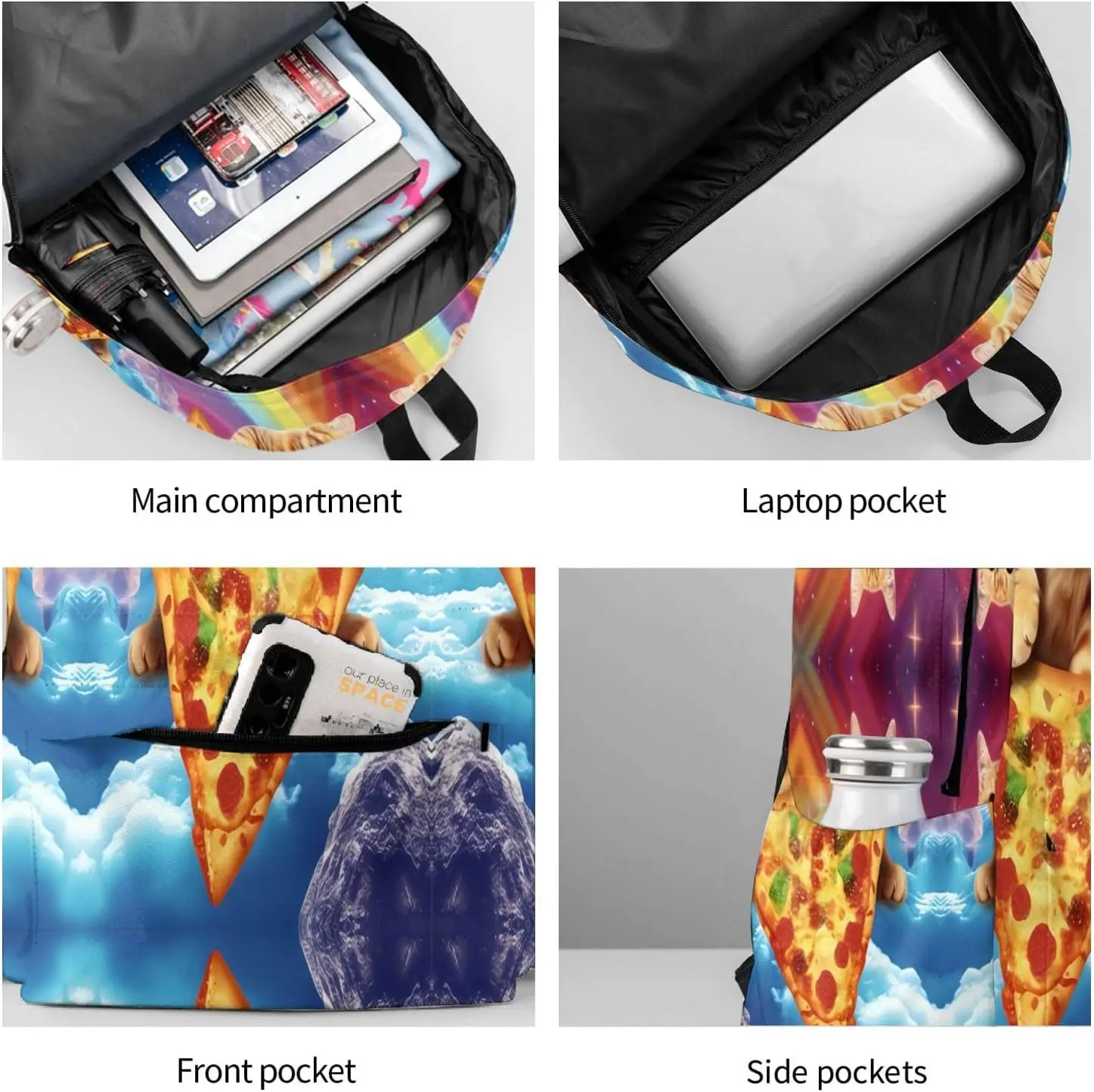 حقيبة ظهر مضحكة بيتزا كات قوس قزح حقيبة كمبيوتر محمول حقيبة كتف حقيبة كتب مدرسية حقيبة نهارية كاجوال للبنين والبنات