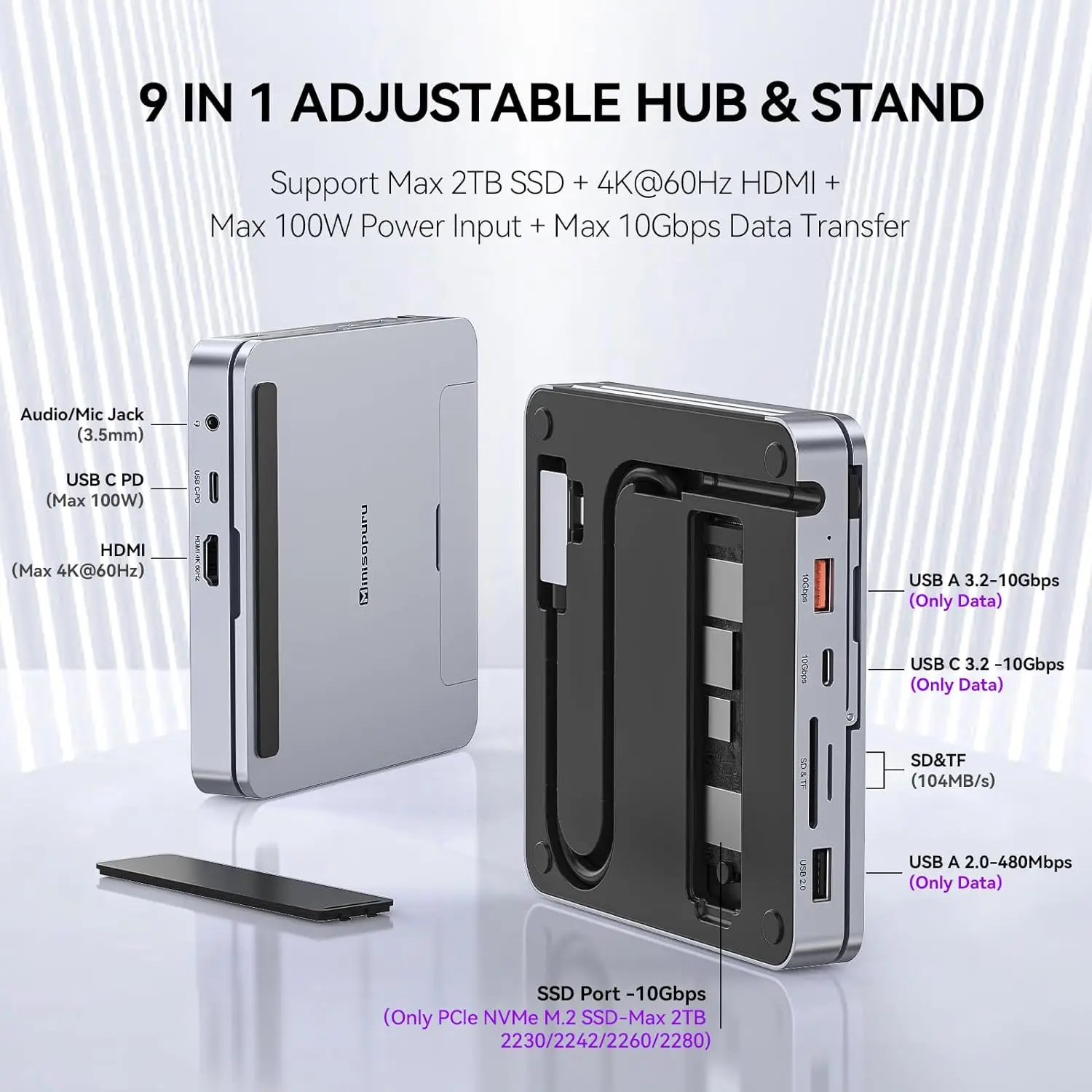 Imagem -02 - Minisopuru-docking Station para Ipad Suporte para Tablet Dobrável Suporte M.2 Nvme Ssd 4k Hdmi 100w pd Usb 10gbps Hub Usb c para Ipad Macbook