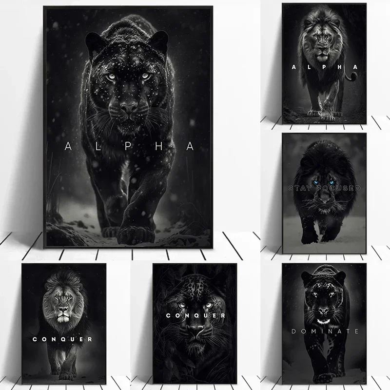 Black Panther Lion Motivational Posters Print Conquer Focus Qoutes Animal Canvas Painting Wall Art for Living Room Decor Pict
