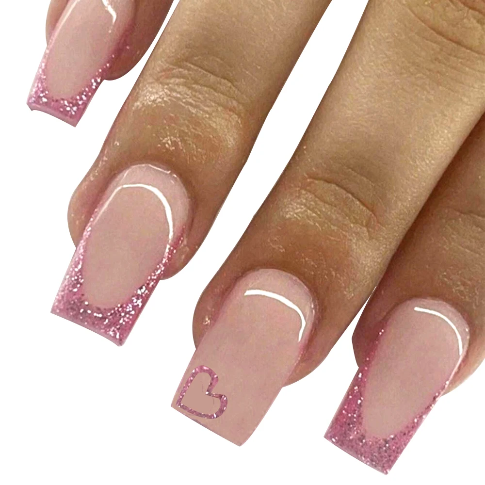 Conjunto francês de unhas falsas para mulheres, capa completa, quadrado médio, rosa, caixão curto, pressione unhas, design de amor, presente para mãe, 24 unid