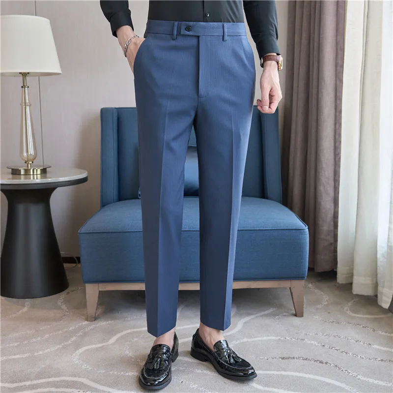 Men Pinstripe Suit Pants 2024 Autumn New Casual Straight Formal Dress Pants Elastic Slim Fit Trousers Wedding Party Men Clothing