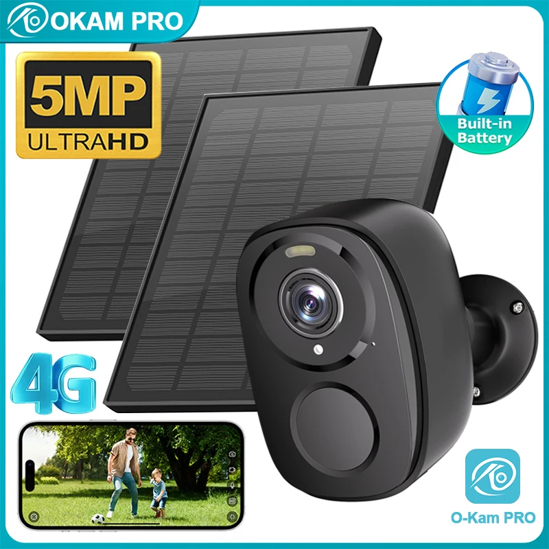 

OKAM PRO Dual Solar Panel HD 5MP 4G SIM Solar Camera 5000mAh Battery Two Way Intercom Outdoor Camera Waterproof Night Vision