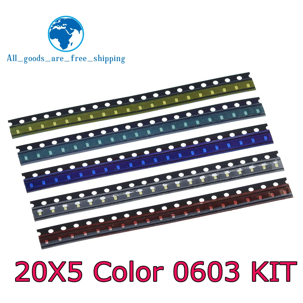 TZT 5 Colors x20 Pcs =100pcs SMD 0603 LED DIY Kit Super Bright Red/Green/Blue/Yellow/White Water Clear LED Light Diode Set