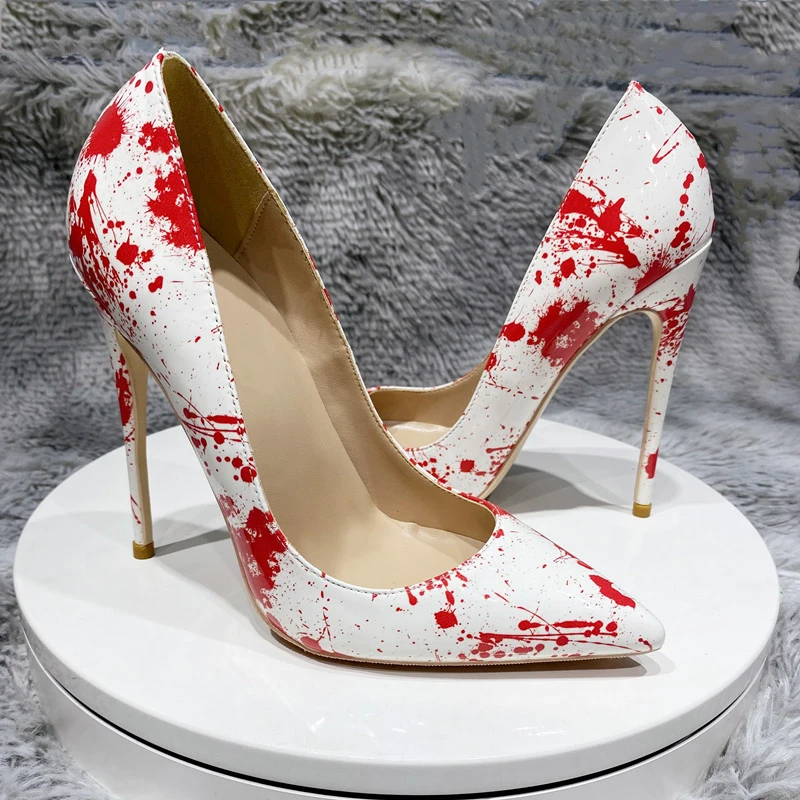 Tikicup المرأة الأبيض والأحمر رش طباعة أشار تو خنجر مضخات الكلاسيكية 12 سنتيمتر عالية الكعب أحذية السيدات لحفلات الزفاف والتاريخ