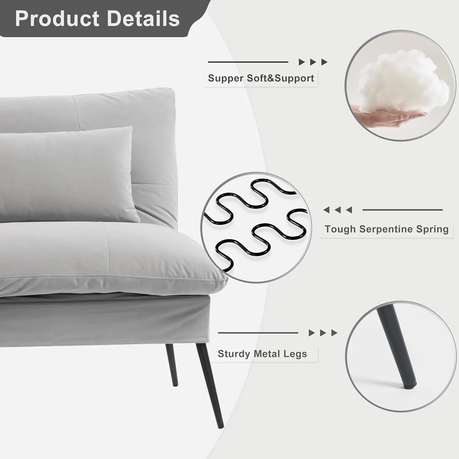 Multi-Functional Convertible Sofa Bed, Futon Couch with Adjustable Backrest, Fabric Sleeper for Guests, Loveseat Guest Bed