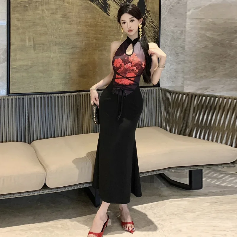 جديد النمط الصيني تشيباو بلوزات غير مغطية للكتف شيونغسام مثير تحسين فستان صيني طويل الإناث فساتين سوداء خمر #4