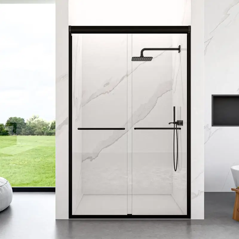 

44"-48"W x 72"H Semi-Frameless Double Sliding Shower Door, Bypass Design, 1/4" (6mm) Thick Tempered Glass, Matte Black Finish