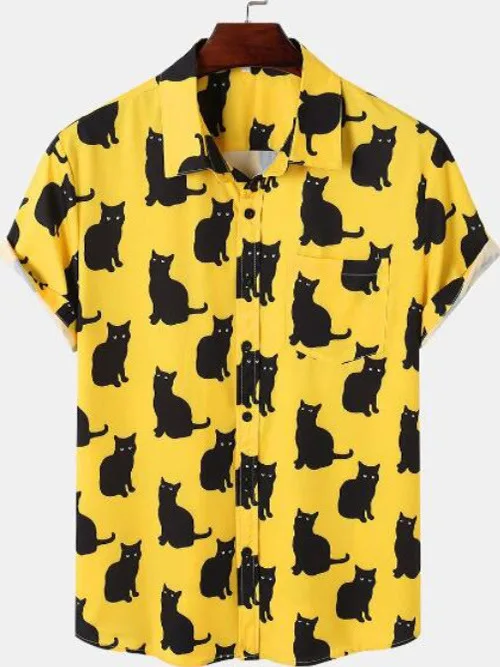 

Cute Kitten Printed Men's Thin irt Summer Casual Loose Fit ort Sve Ultra ort Length Button up Casual Wear