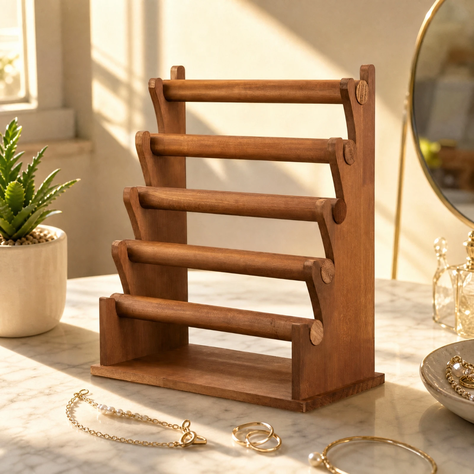 Five-Tier Jewelry Display Rack Stable Wooden Bracelet Holder Bracelet Display Stand Sturdy Scrunchie Organizer Stand