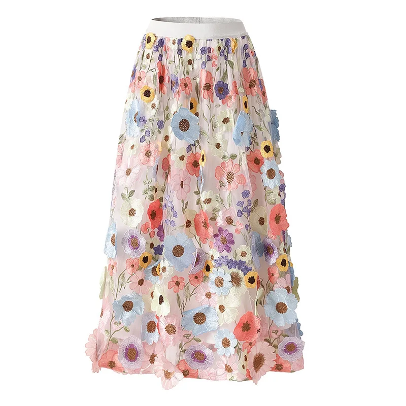 

New Women Flower Appliques Skirt A-Line Chiffon Skirt