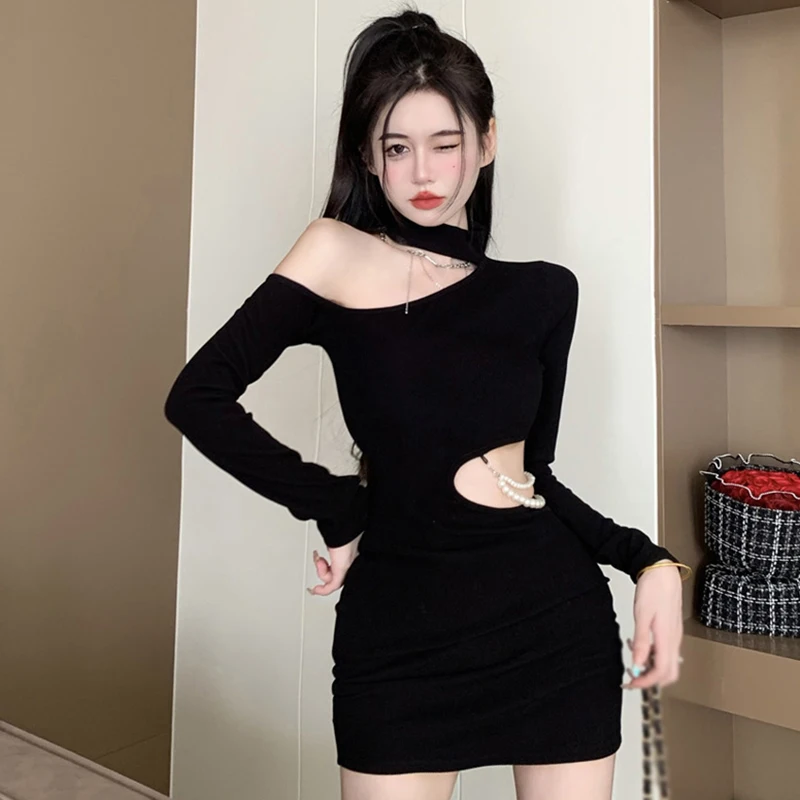 

Women's Bodycon Dress Diagonal Neckline Long Sleeve Dress Halter Slim Sexy Fashion Hollow Out Korean Version