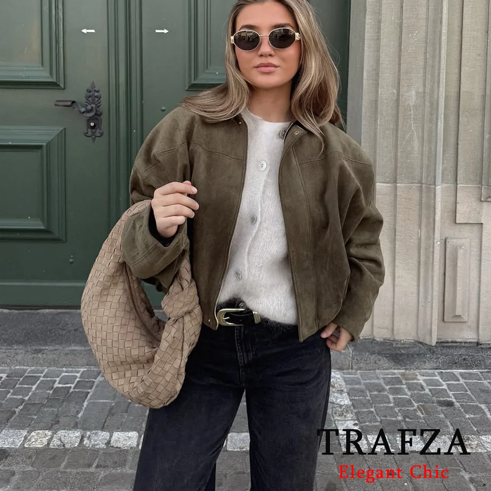 

TRAFZA-Women Casual Bomber Jacket Coat Neutral Style Lapel Zipper Coat New 2025 Autumn Winter Fashion Loose Commuter Hiking Coat