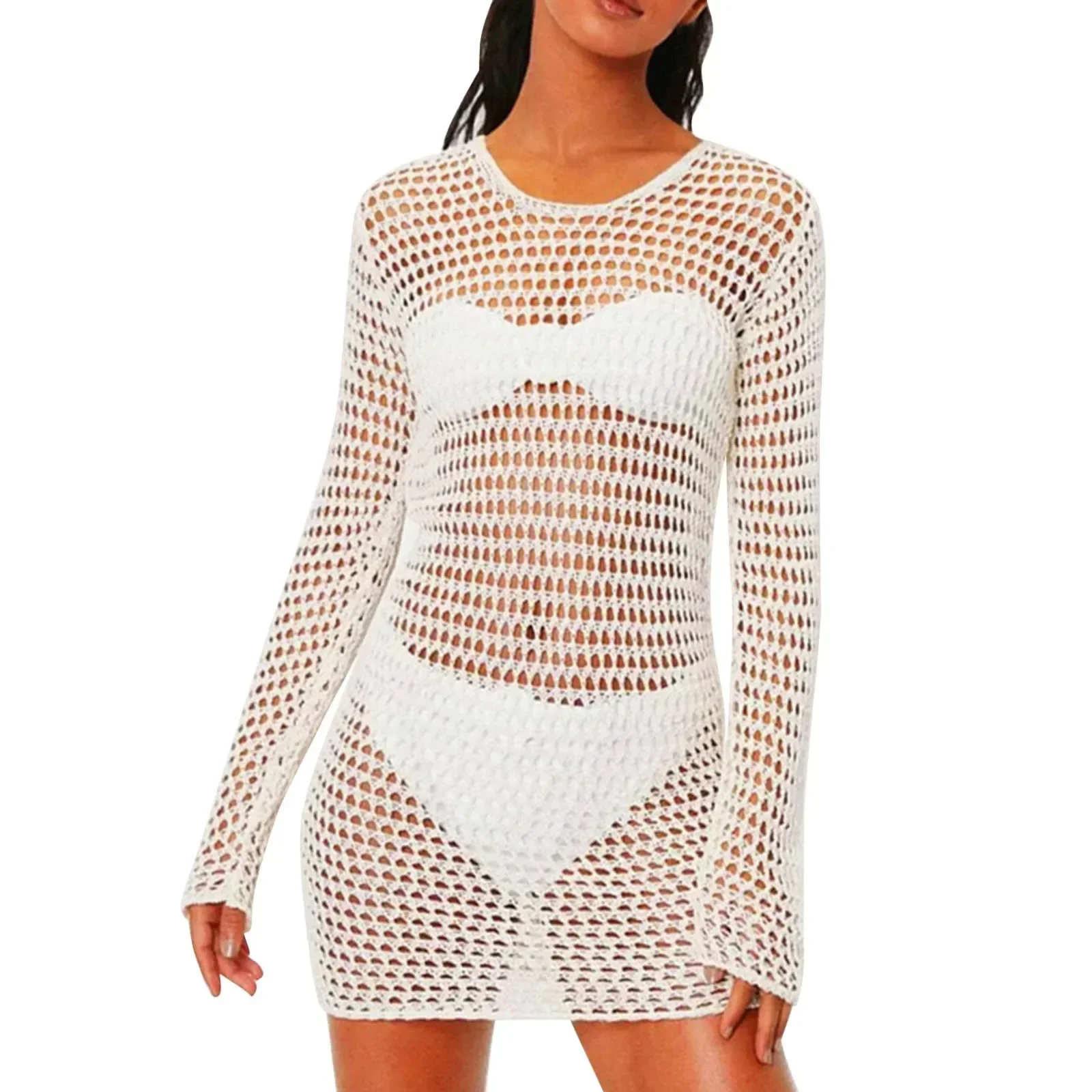 Verão sólido malha bikini cobrir blusa das mulheres solto irregular vestido de praia sexy tule transparente mangas compridas roupa de banho