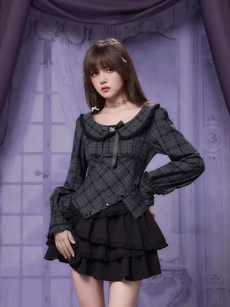 ADAgirl Vintage Grey Plaid Blouse Women Preppy Style Peter Pan Collar Long Sleeve Button Shirt Autumn Y2k Girl Chic Gothic Tops