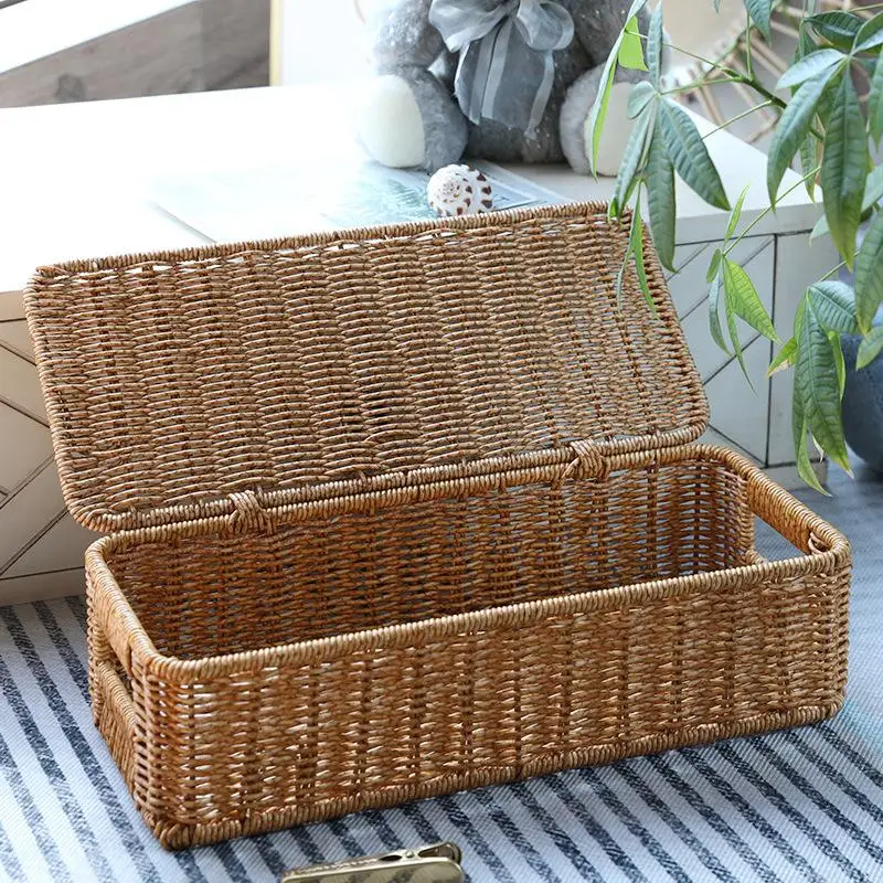 

European Style Imitation Rattan Storage Basket Woven Storage Box Dustproof Cutlery Frame Home Decoration Basket Organizer