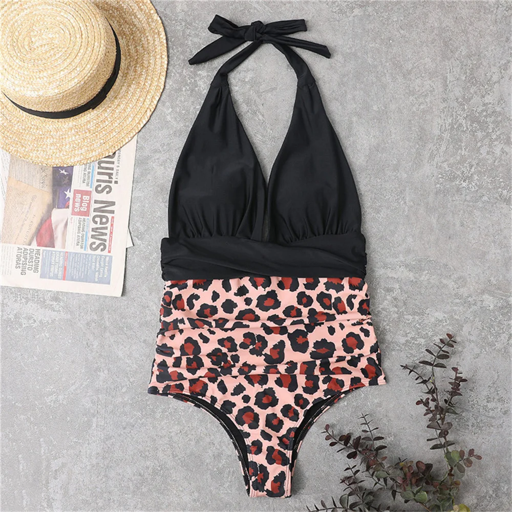 Leopard Bikini Backless Bandage Push Up Monokini V-neck Halter Swimwear High Waisted Swimsuit Women Patchwork Beach Bathing Suit