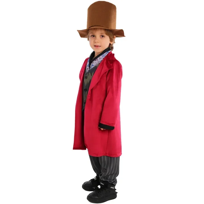 Movie Chocolate Factory Willy Cosplay Costume Children Red Coat Pants Scarf Hat Full Set Kids Willy Role Play Suit Halloween