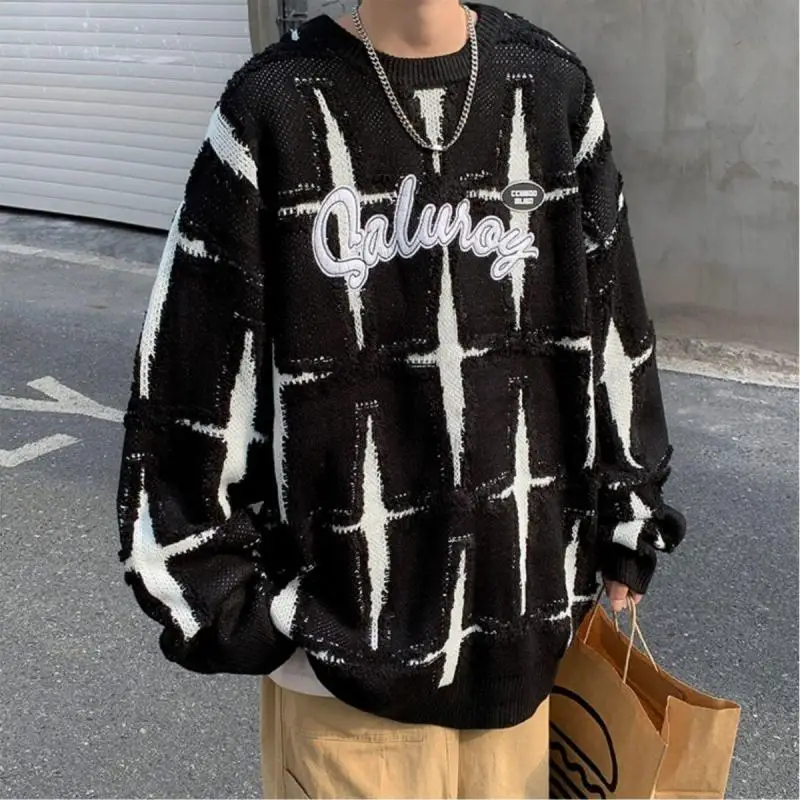 سترة ريترو على شكل نجمة للرجال، ملابس خارجية فضفاضة للربيع والخريف، سترة محبوكة كبيرة الحجم للزوجين